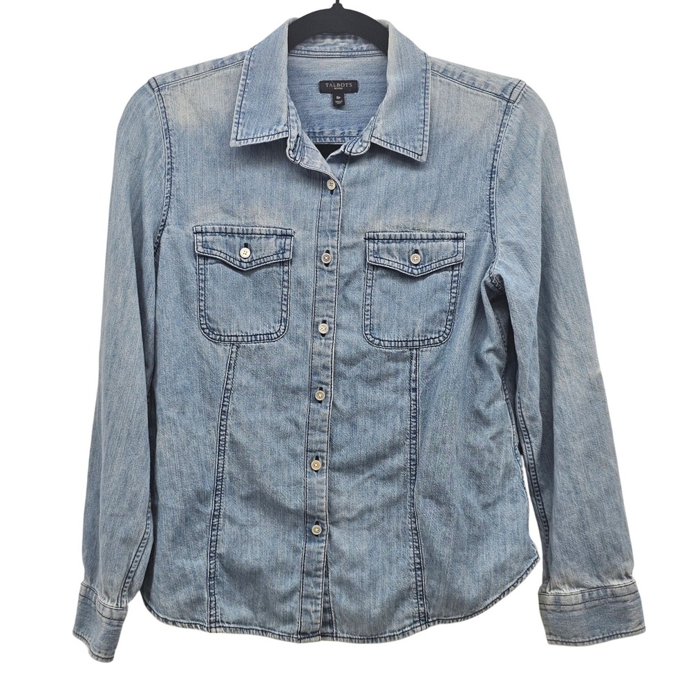 Talbots Petite Light Wash Denim Button Down‎ Shirt 100% Cotton Size 8P IN404